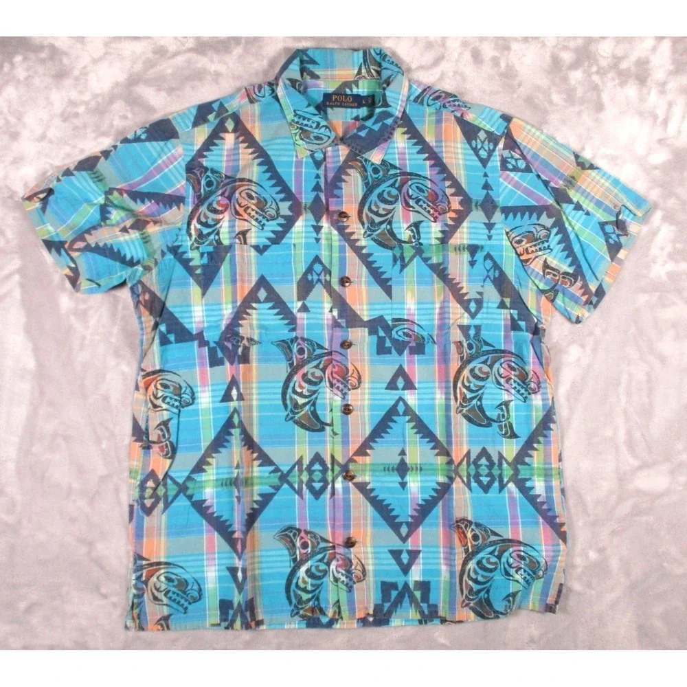 Vtg Polo Ralph Lauren Shirt Men‎ L  Blue Plaid Southwest Fish Print Button Front